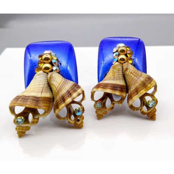 Vintage Genuine Seashell Earrings, Mid Century Blue Lucite w Shell Bells AB - Picture 4 of 6